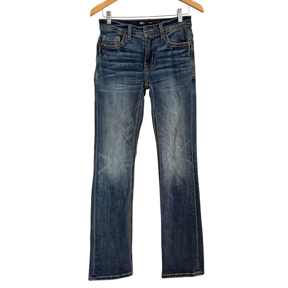 BKE Aiden Straight Leg Jeans Womens Size 27 Denim‎ Boho Thick Stitching Whiskers
